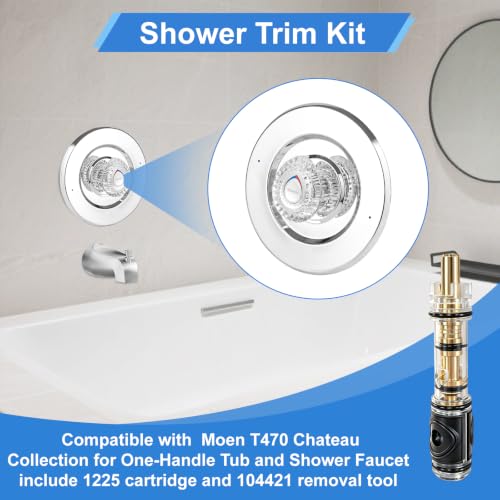 Image of Shower Trim Kit, Compatible with Moen T470 Chateau Shower Trim Kit, With Replacement Cartridge and 104421 Removal Tool, Escutcheon, Shower handle, Tubes and Screws, Chorme