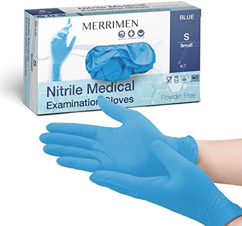 Merrimen Nitrile Gloves - BLUE | Disposable  Box of 100 | Small Ambidextrous Nitrile Gloves | Latex & Powder Free | For Safe Hands Against Allergies
