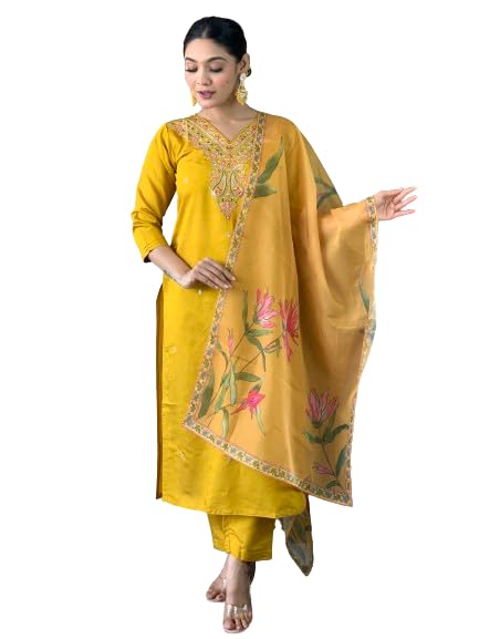Dupatta en soie brodée haut de gamme moutarde en tissu Chanderi raffiné pour femme