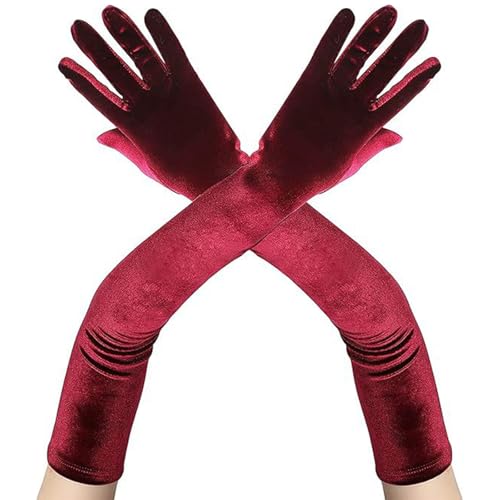 XDGBGFN Gants des années 1920 pour femmes, gants longs en velours pour déguisement de carnaval, fête costumée, déguisement d'Halloween, rouge bordeaux, taille unique