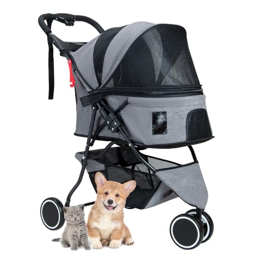 RUYICZB 3 Wheels Folding Dog Cat Stroller,Pet Jogging Stroller with Breathable and Visible Mesh,Pet Travel Strolling with Storage Basket and Cup Holder,Gray -  GRAY-66228622