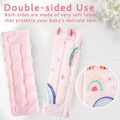 Image of Carseat Strap Covers for Babies, Soft Seatbelt Covers for Kids, Reversible Baby Car Seat Strap Covers, Size: 6.5 x 6.5 inch, for Baby Car Seat, Stroller, Swing, High Chair, Rainbow