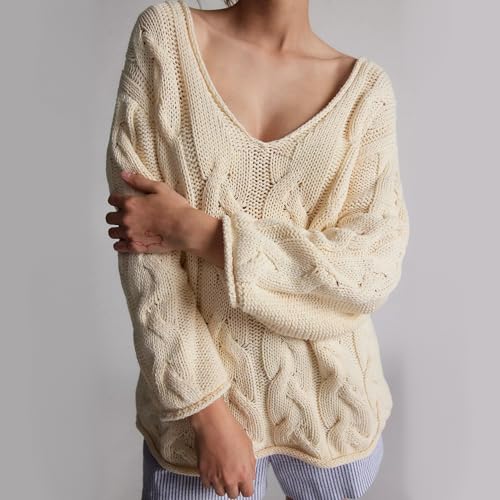 Womens Oversized Off The Shoulder Sweaters Chunky Knit Wide V-Neck Tops Casual Slouchy Pullover Fall Outfits2