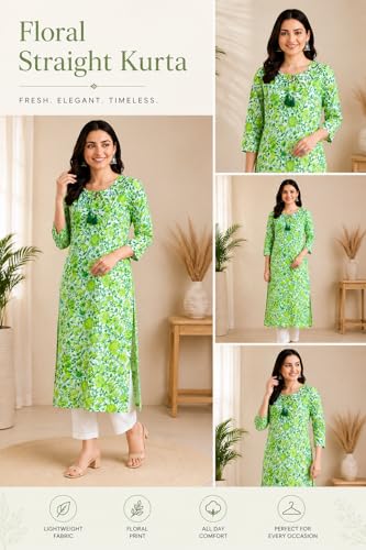 Image of Women's Pure Cotton Regular Fit Floral Printed A-Line Kurta