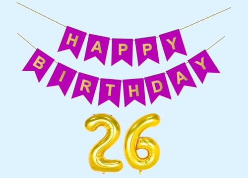 Image of 26th Happy Birthday Decoration Kit Purple for 26 year Old Boys Girls Men with Number Twenty-six Party Decorations Decor Celebration Items Item Set Combo Reusable Paper Banner