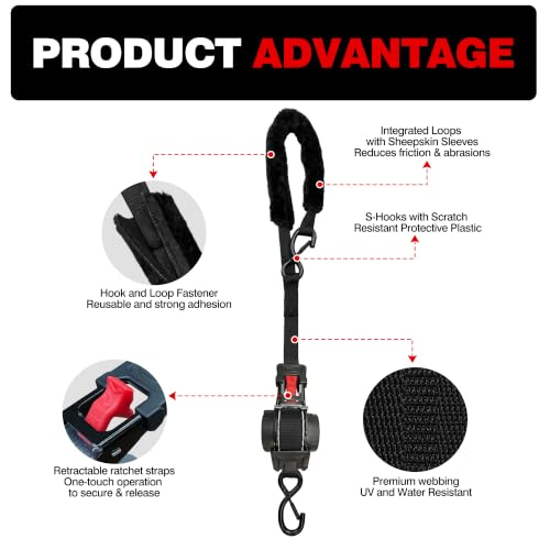 Image of Retractable Motorcycle Tie Down Straps, 1 inch x 10' with Fleece Sleeves