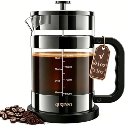 Image of QUQIYSO French Press Coffee Maker 51oz, Large French Press, Thickened Glass | Borosilicate Glass Plastic Free Coffee Maker, Easy to Clean,4 Filter, Coffee Press Suitable for Kitchen Party(Dark Pewter)