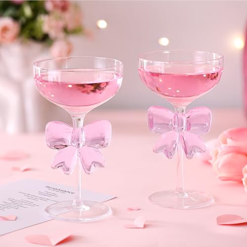Funnymoom 2 Pack Bow Wine Glasses Pink Bow Clear Cocktail Glasses 6.8 oz Delicate and Elegant Pink Coupe Decorative Coquettish Container for Weddings Birthdays High-end Crystals