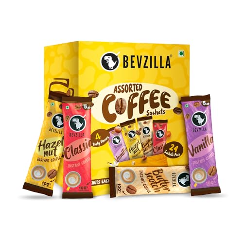 Bevzilla 24 Assorted Instant Coffee Sachets | 24x2Gm Pouches | Arabica Coffee | 4 Flavours: Butterscotch, Classic, Vanilla, Hazelnut | Perfact for Espresso, Latte & Cappucino