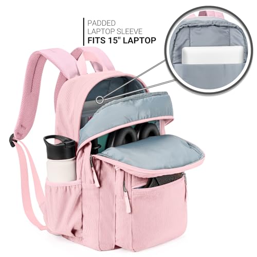 Image of ZORFIN 26L Backpack for College, and Travel: Corduroy Bookbag - Light Pink