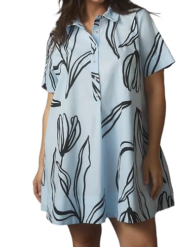 Image of Women's Short Sleeve Swing Tunic Mini Dress Button Up Blouse Shirt Summer Loose Casual Flowy A Line Short Dress