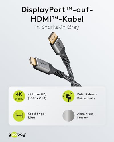 Goobay 65268 Displayport 1.2 A Hdmi 2.0 / Risoluzioni Fino A 4K @ 50/60 Hz/Velocità Di Trasferimento Dati Di 18 Gbit/S/Il Cavo è Direzionale/Grigio / 1 M - 2
