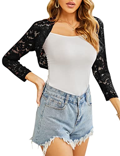 KOJOOIN Mujer Bolero Encaje Chaqueta Festivo Corto Cárdigan Manga Larga Cardigan Para Vestido De Cóctel De Boda(Embalaje MÚLTIPLE), negro (schwarz 2), L Cover