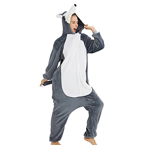 LIAOPUFUS Combinaison de Nuit pour Femme Unisex Animal Costume Cosplay Combinaison Pyjama Polaire ou Déguisement Chaud d'hiver (Loup,XL)