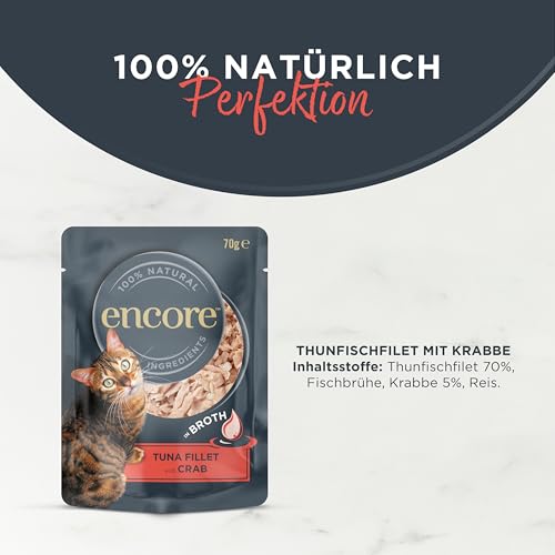 Encore 100% natürliches Premium Nassfutter für Katzen mit saftigem Thunfisch und Pazifikkrabben in Brühe - Packung mit 16 x 70g Beuteln
