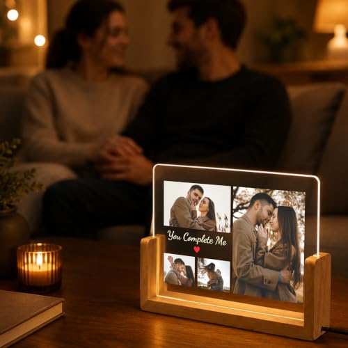 Image of Giftplease Personalized LED Acrylic Photo Frame with Custom Picture and Message, Couple Photo Lamp, Wooden Base USB LED, Romantic Bedroom Decor, Anniversary Memory Display, Wedding, Engagement