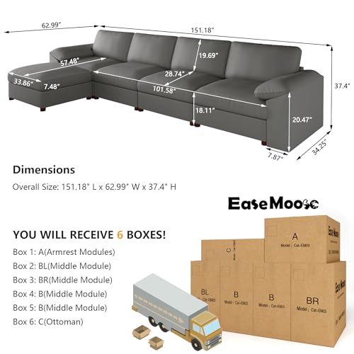 Image of EASE MOOSE Oversized Modular Sectional Sofa,Leather Sectional Couch with Deep Seat,Extra Large L Shaped Couch,Modern Comfy Scratch Resistant Faux Leather Material Sofa,Grey
