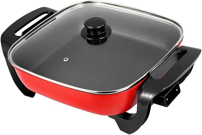 Image of Extra Deep Electric Skillet with Glass Lid, Square Design with Non-Stick Surface & Cool-Touch Handles, Large Non-stick Frying Pan & Multi-Cooker, Adjustable Temperature Control, Red
