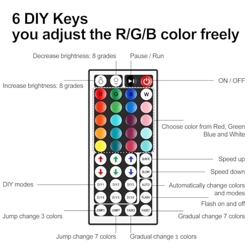 Image of RGB LED Strip Light with 44 Key IR Remote, 5050 SMD, 60 LEDs /Meter, High Brightness, DIY Color Modes, Flexible Decorative Lighting for Home, TV, Bedroom & Party(44 Key Remote)