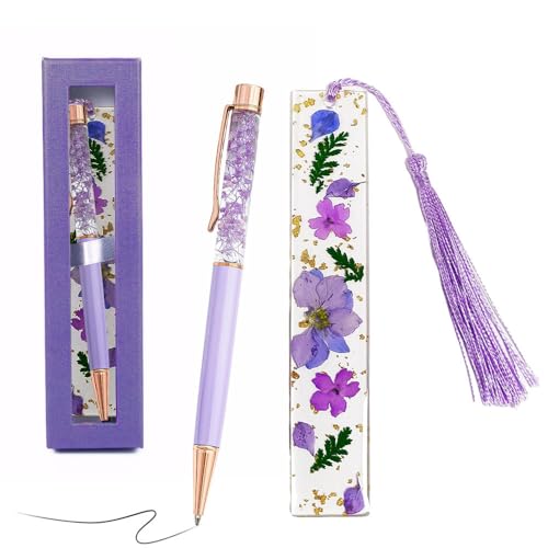 Belegao Ballpoint Pen with Resin Dried Flower Bookmark Gift Set Retractable Rollerball Pen Black Ink 1.0mm & Tassel Page Marker with Box for Women Birthday Valentines Day Christmas Party(Purple)