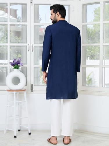 Image of See Designs Men's Full Sleeve Mandarin Collar Ethnic Motifs Embroidered Sequinned Mandarin Collar Straight Long Kurta with Pyjama - Festive Collection