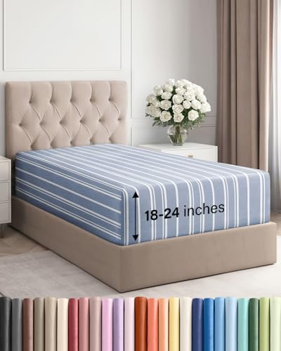 Image of Deep Twin XL Fitted Sheet - College Dorm Room Essentials - Blue Stripes | Easily Fits 18 inch to 24 inch Mattress, Wrinkle Resistant, Soft, Breathable & Comfy, Extra Deep Pockets Fitted Sheet