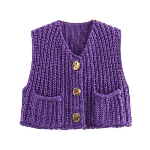 Image of Women's Sleeveless Chunky Knit Cardigan V-Neck Button Down Vest Casual Loose-Fitted Crochet Sweater with Pockets 2024