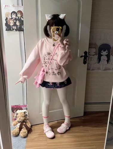 Kawaii Bow Cartoon Print Long Sleeve Off Shoulder Loose Sweatshirt Casual Fashion Y2K Tops3