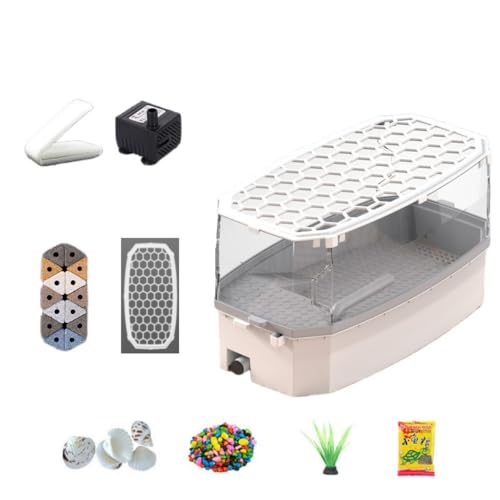 Pisipe 亀の水槽 亀 水槽 カメ用水槽 大きい 飼育ケース 水循環ろ過システム 亀ケージ ボックス 観察 排水孔 階段 エサ皿 滑り止め 休憩プラットフォーム 脱出防止 爬虫類 両生類用 亀の楽園 (S,ホワイト)