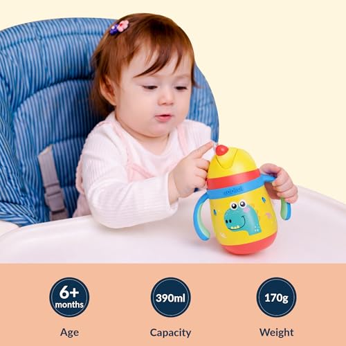 Image of rabitat Gravity EasyFlow Personalized Stainless Steel Sippy Cup 390 ml | 2 Years Brand Warranty | Leak Proof | BPA Free Soft Silicone Straw | Sippy Cup for Kids with Weighted Straw, Dino Dash
