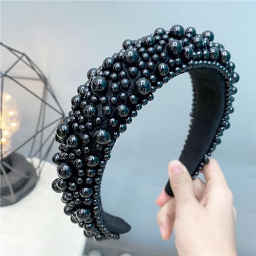 scicent Black Headband Faux Pearl Head Bands Wide Thick Hairbands Beaded Elegant Hair Hoop Styling Accessories for Women Girls 16801 - Image 4