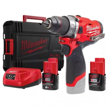 Milwaukee Taladro percutor Milwauke Fuel M12 FPD-202X – 2 baterías 12 V 2.0 Ah – 1 Cargador C12C 4933459802, Black-Red