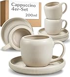 Cosumy 4er Cappuccino Tassen Set mit Untertassen Weiß – 200 ml Keramik Cappuccinotassen Set– Hält lange warm dank dickwandigem Steingut – Elegante Kaffee Tassen mit handglasierter Oberfläche