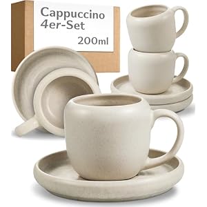 Cosumy 4er Set Cappuccinotassen Weiß 200ml Steingut – mit Untertassen Set