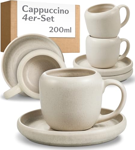 Cosumy 4er Cappuccino Tassen Set mit Untertassen Weiß – 200 ml Keramik Cappuccinotassen Set– Hält lange warm dank dickwandigem Steingut – Elegante Kaffee Tassen mit handglasierter Oberfläche
