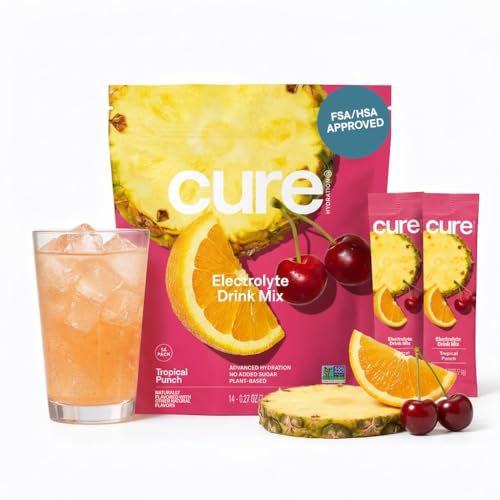 Cure Hydration | Plant-Based Electrolyte Drink Mix | No Added Sugar | FSA-HSA | Dehydration Relief Powder Made with Coconut Water | Non-GMO | Vegan | Pouch of 14 Packets - Tropical Punch