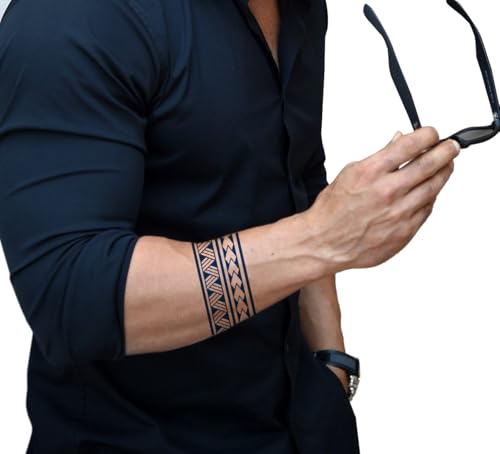 Image of Semipermanent Temporary Tattoo Stickers 20-25 days Lifespan For Men Women Boys & Girls Waterproof 3D Realistic Arm Band Hand Compass Tatto Sticker Blue Coloured Temp Watertransfer Tribal Armband Temporary Tattoo, Blue Geometric Pattern, Unisex Size-24X6.3cm GZBH-034