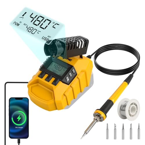 Estación de soldadura con batería para baterías DEWALT de 18 V/20 V, kit de soldadura de 60 W con pantalla digital, control de temperatura de 200 – 480 °C, calentamiento rápido, 5 puntas de soldadura