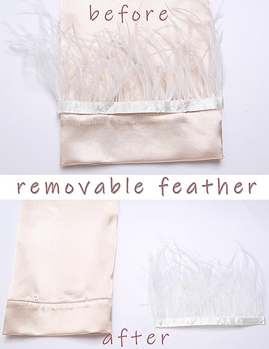 Ekouaer Bridal Feather Pajamas for Women Set Silk Satin Wedding Pjs Long Sleeve Party Sleepwear with Removable Feather Trim2