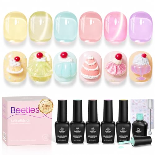 Image of Beetles Jelly Gel Nail Polish Set, 6 Colors Pastel Pink Cat Eye Blue Purple Yellow Green Glitter Gel Polish Kit with Magnet Sticker Soak Off UV Gel Nail Art Salon DIY at Home Summer Gift for Women