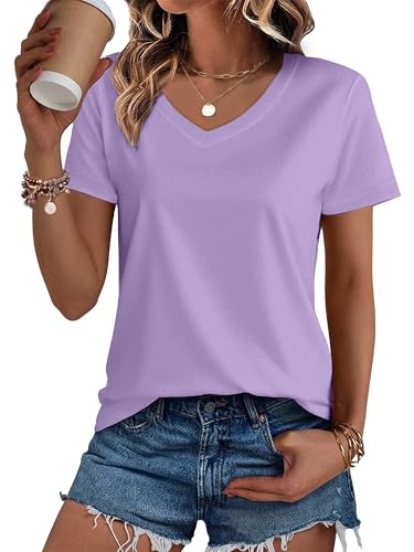 SMENG V-Neck Shirts for Women Short-Sleeve Casual Solid T-Shirt Classic-Fit Tops Cotton Breathable Tees Light Purple M