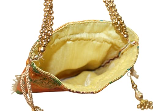 Image of MILAN'S CREATION Potli Banarasi Silk Brocade Bag Purse Drawstring Women's handbag with Pearl Handle & Tassel Weddings