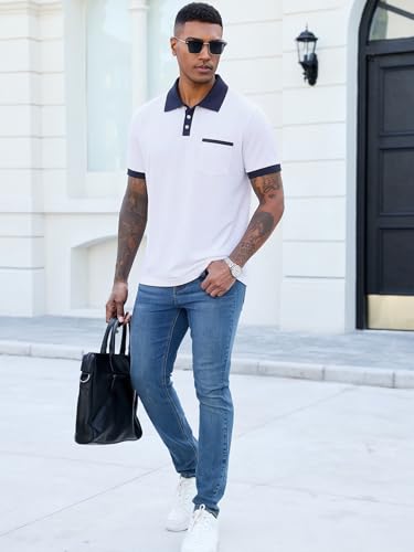 Image of Men's Casual Polo Shirts Summer Short Sleeve Contrast Collar Buttoned Tee Polo Shirt with Pocket