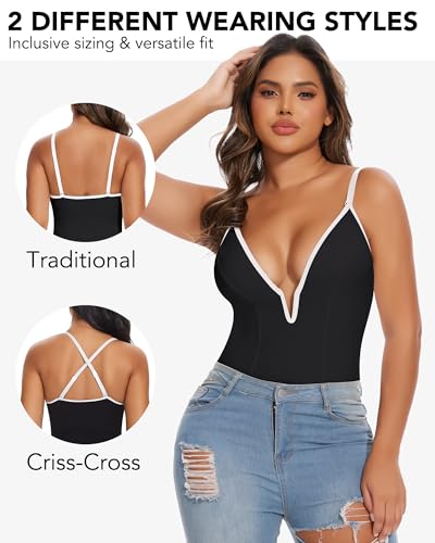 Image of SHAPERIN Bodysuit for Women Shapewear Tummy Control Deep V Neck Plunge Sleeveless Backless Thong Body Suit Tank Top
