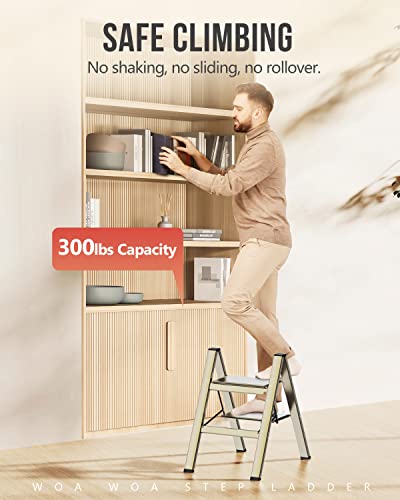 WOA WOA 2 Step Ladder, Foldable Step Stool, Aluminum Lightweight Ladder for Home Kitchen Closet, Anti-Slip Pedals, Ease of Folding, Portable, 300lbs Capacity - Gold