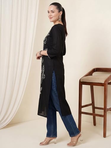 Image of INDO ERA Women Viscose Rayon Straight Fit Straight Floral Embroidered Kurtas