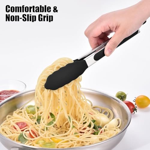 Image of Premium Steel and Siliconel Heat Resistant Kitchen Tongs for Cooking | Non Scratch Silicone Tip for Pans,Air Fryer,Barbeque, Serving | 10 inch - 230C Heat-Resistant (Black) (Pack of 01)
