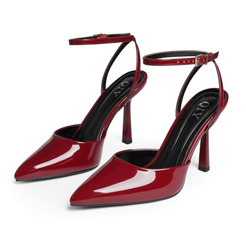 Image of QIY Patent Burgudny Heels for Women Pumps High Heel Strappy Sandals, 8
