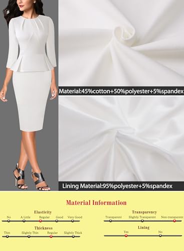 Image of VFSHOW Womens Pleated Crew Neck Peplum Slim Work Business Dress Elegant 3 /4 Sleeves Office Church Bodycon Pencil Sheath Dress