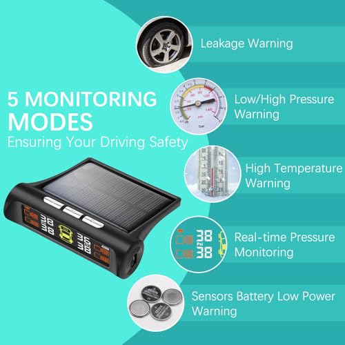 Tire Pressure Monitoring System - TPMS Tire Pressure Monitor System with Solar Charger, TPMS with 4 External sensors & 5 Alarm Modes, LCD Real-time Display, Auto Sleep Mode, Easy to Install(Orange) - Image 4